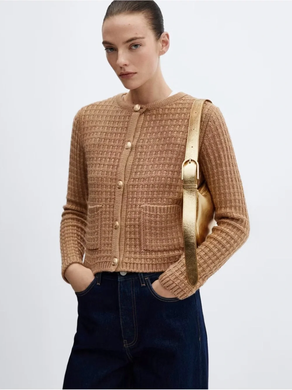 Mango Tan Chunky Knit Wool Blend Cardigan Gold Buttons Size Small